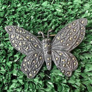 Butterfly 925 Sterling Silver Vintage Brooch Pin with Real Marcasite Gems